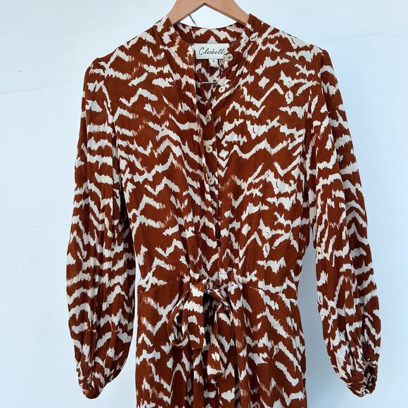 Cleobella Jumpsuit Brown Animal Print Long Sleeve Belted Small Wide Leg Palazzo - Picture 2 of 8